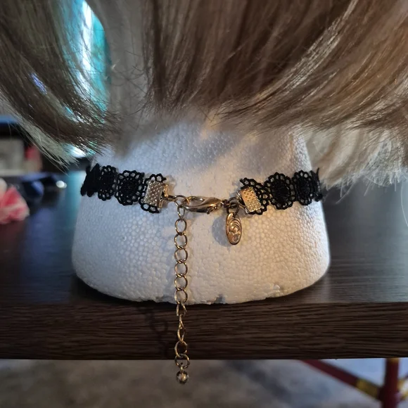 Black Lace Choker Necklace with Gold Flower Pendant - Picture 3 of 3
